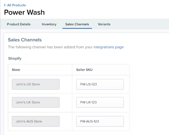 Sales Channels tab showing multiple Shopify stores with their respective Seller SKUs