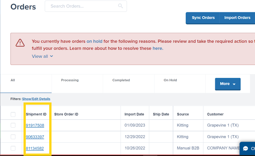 Orders page showing Shipment ID column with kitting orders in the Source column