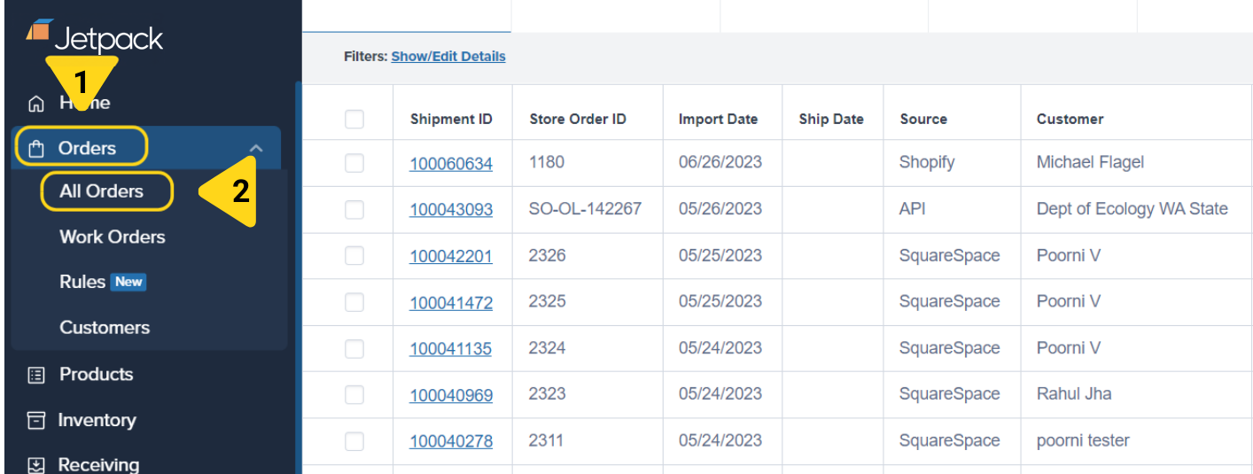 Jetpack dashboard navigation showing Orders menu with All Orders option highlighted