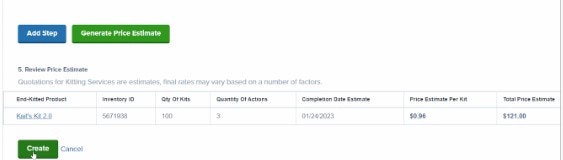 Price estimate table with Create button
