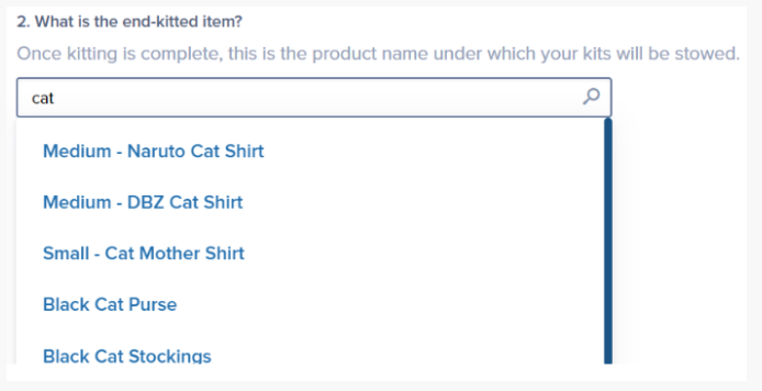 Search field showing results for end-kitted item
