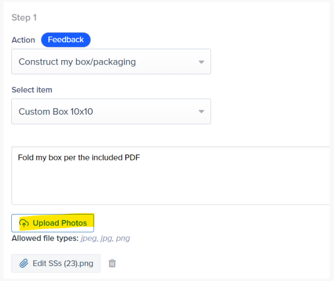 Action dropdown showing Construct my box/packaging option with item selection and instructions field