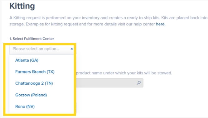 Fulfillment center dropdown showing available locations