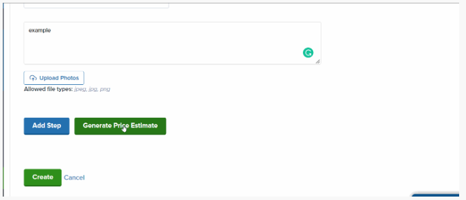 Upload Photos button and Generate Price Estimate button