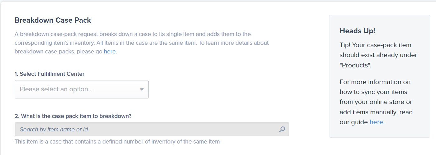Breakdown Case Pack form showing fulfillment center dropdown