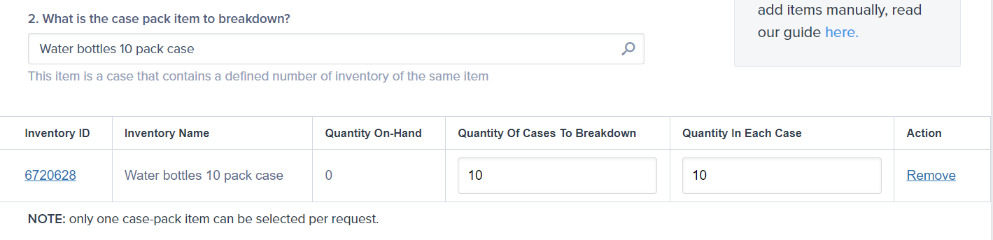 Table showing quantity fields for cases and individual units