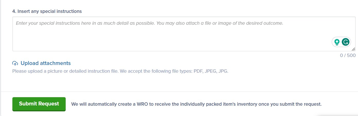 Special instructions field and upload attachments section