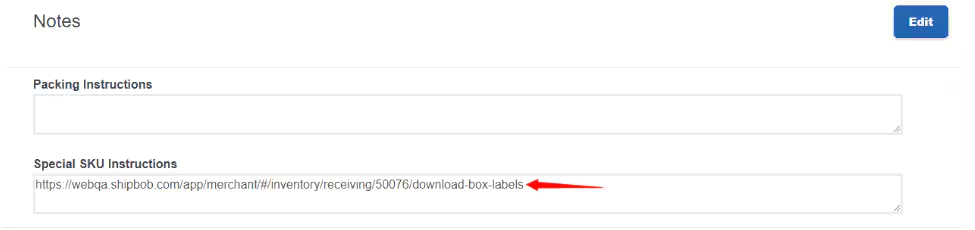 Order details page showing Packing Instructions and Special SKU Instructions fields with WRO ID link displayed