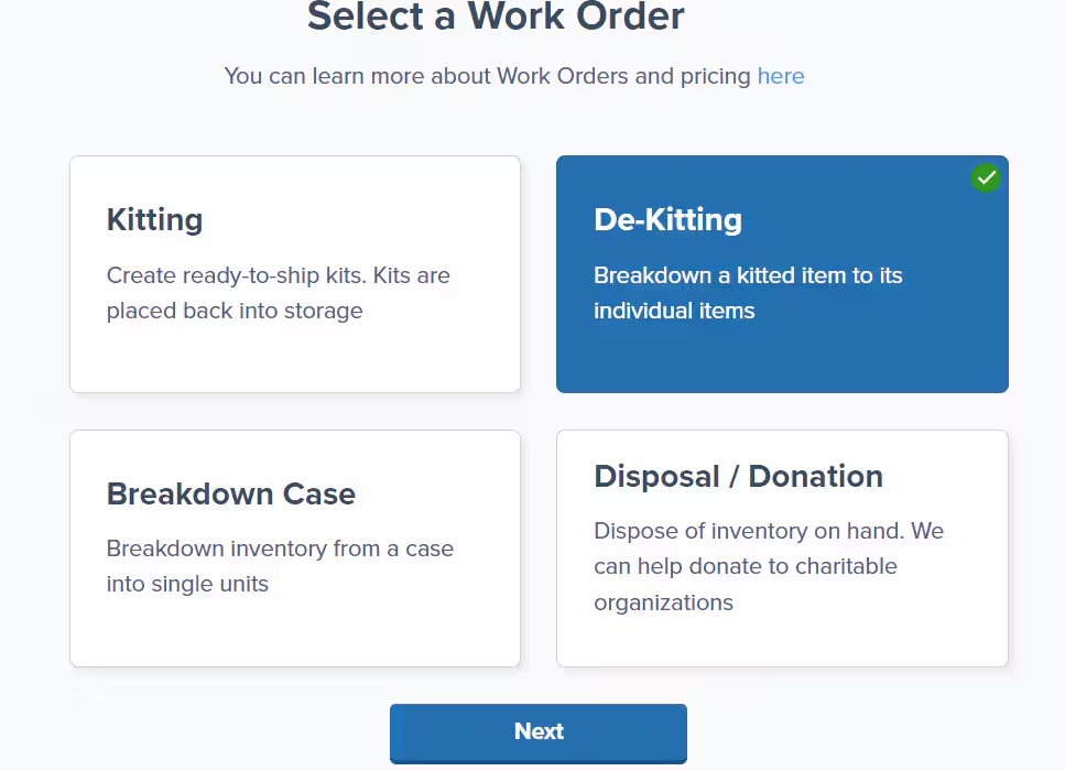 Work order type selection screen showing four work order options: Kitting, De-Kitting, Breakdown Case, and Disposal/Donation
