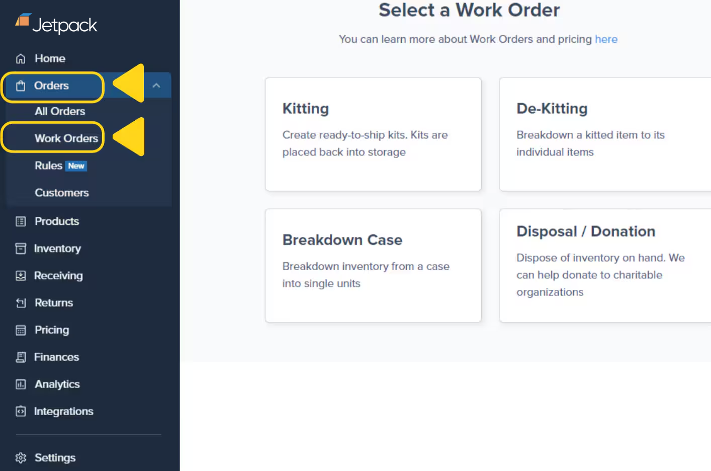 Jetpack dashboard navigation showing Orders menu expanded with Work Orders option highlighted