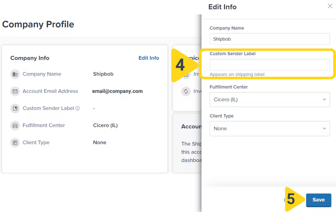 Edit Info panel showing Custom Sender Label field highlighted with character limit note and Save button