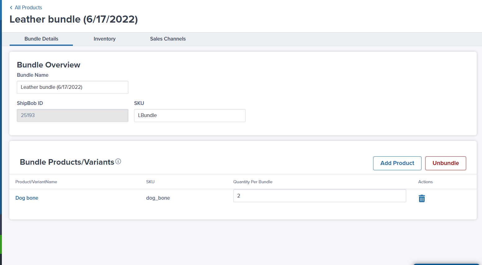 Bundle Details tab showing Bundle Overview and Bundle Products/Variants sections with editable fields