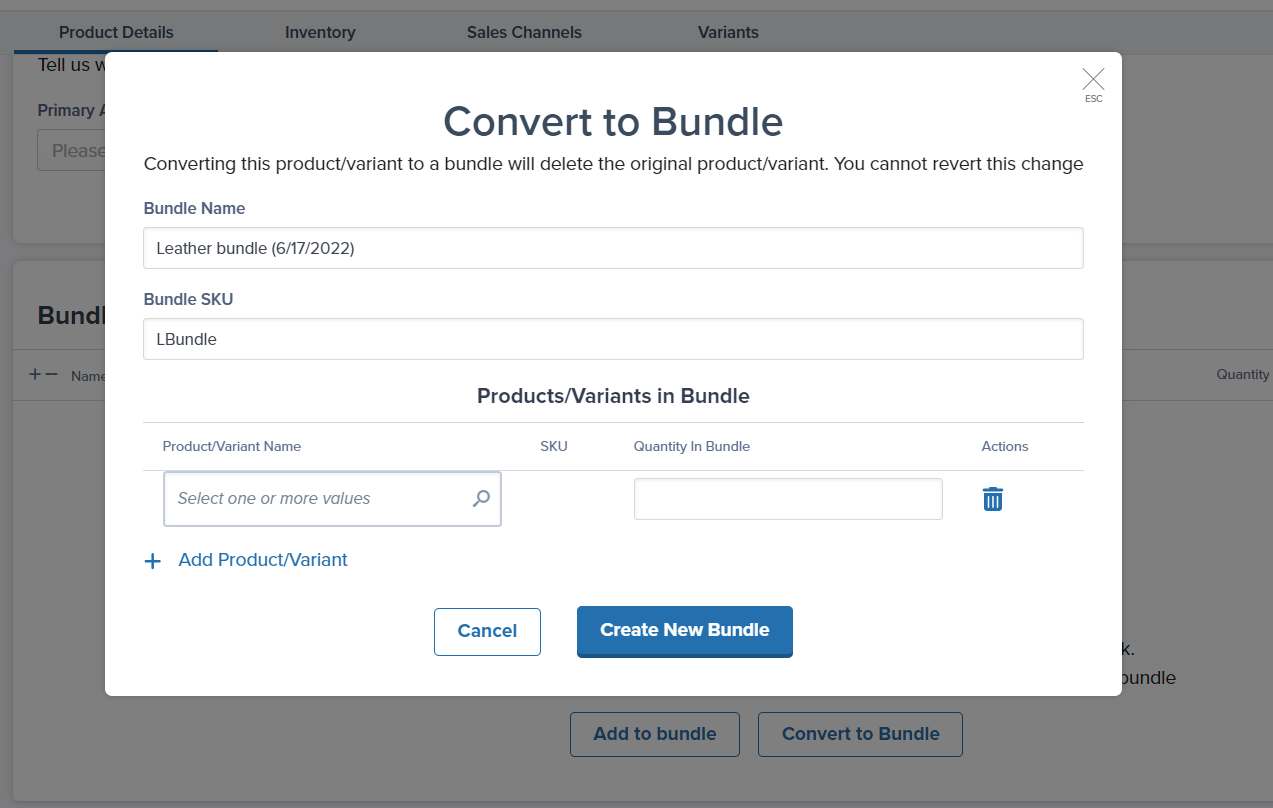 Convert to Bundle dialog with pre-filled bundle name and SKU fields