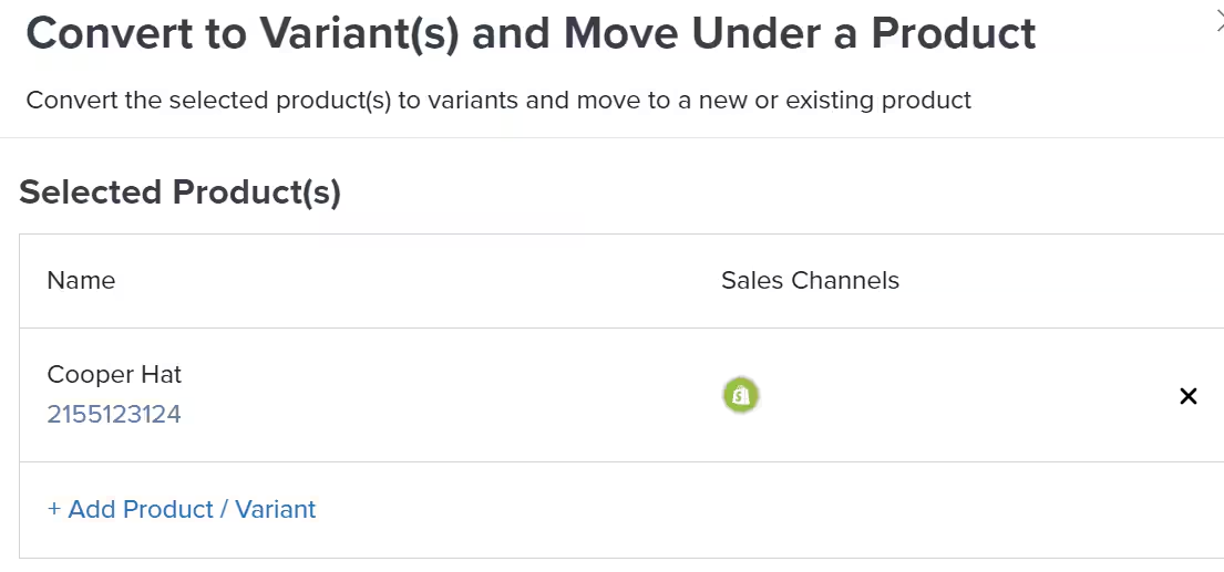 Convert to variant dialog showing selected product