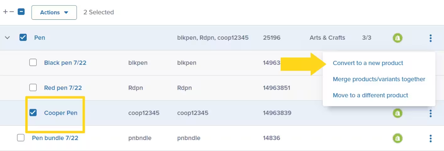 Variant actions menu showing convert option