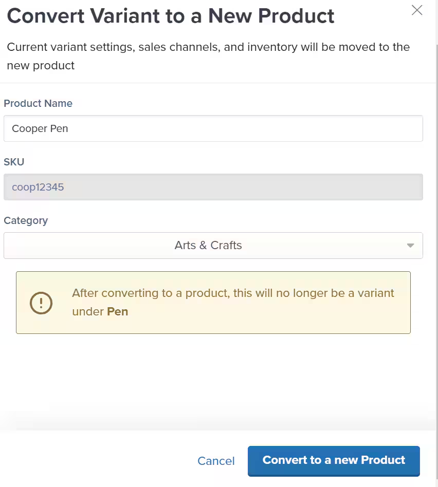 Convert variant to new product dialog