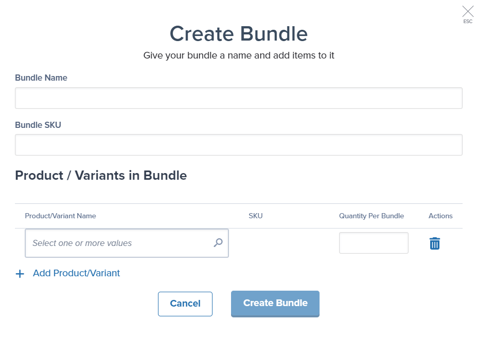 Create Bundle dialog with Bundle Name and Bundle SKU input fields