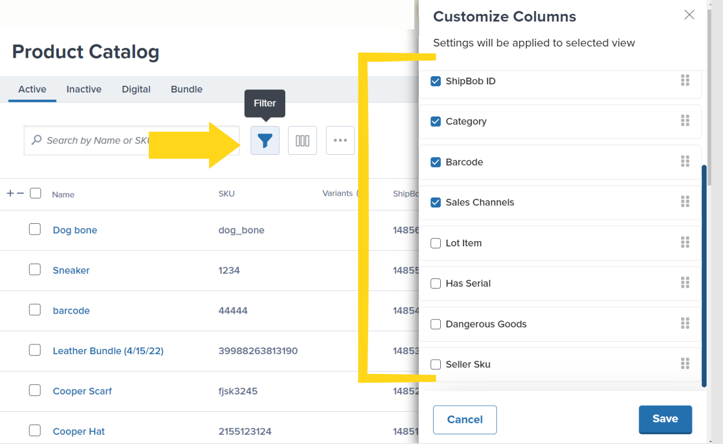 Customize columns panel with available column options