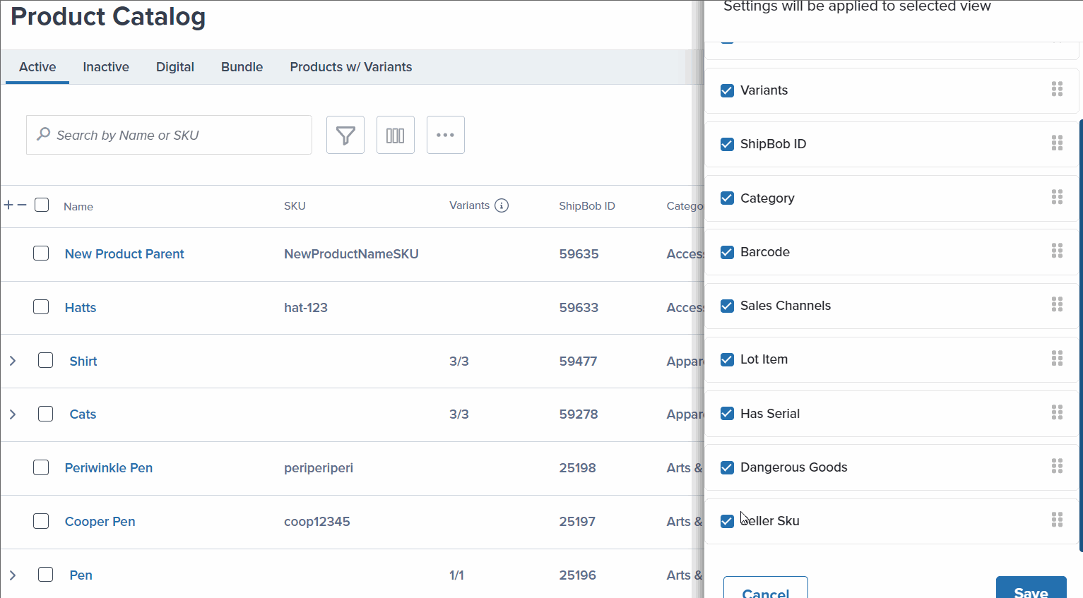 Full customize columns sidebar showing all available options