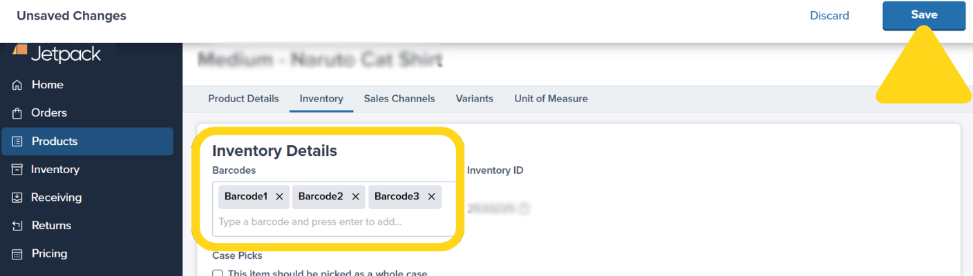 Inventory Details tab showing barcode entry field with multiple barcodes and Save button