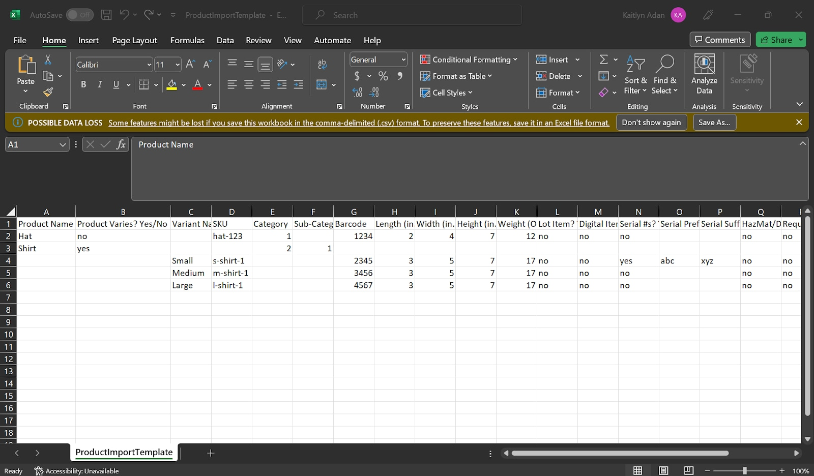Excel product import template showing all column headers and sample data