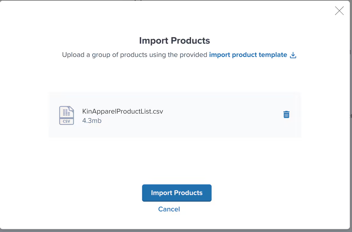 Import Products dialog showing uploaded CSV file ready to import