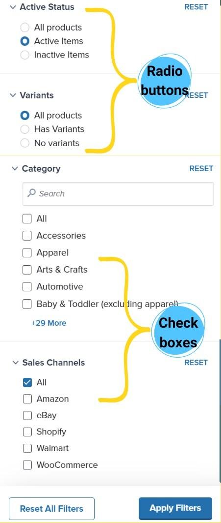 Filter panel showing radio buttons and checkboxes options