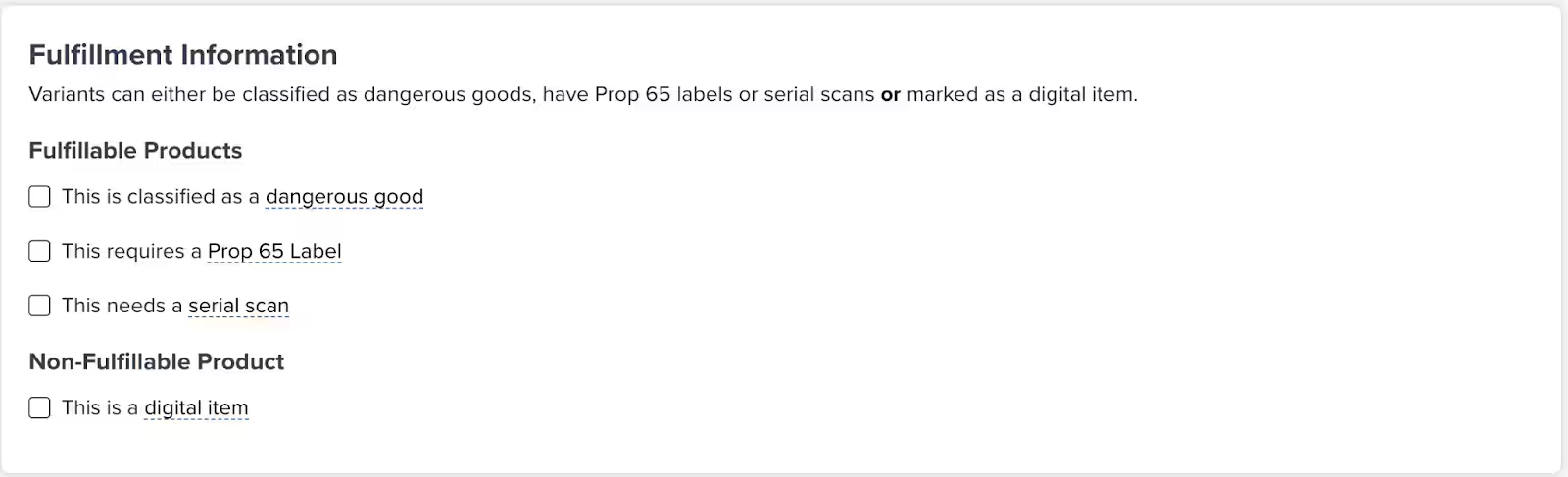 Fulfillment Information tile showing checkboxes for Dangerous Goods/HAZMAT, Prop 65 labeling, and Serial Number scans under Fulfillable Products, plus Digital Item checkbox under Non-Fulfillable Products