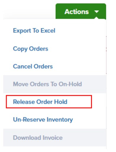 Actions dropdown menu showing Release Order Hold option