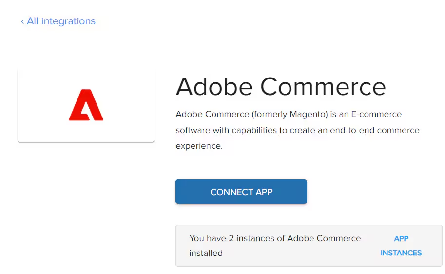 Adobe Commerce admin menu showing System > Extensions > Integrations path