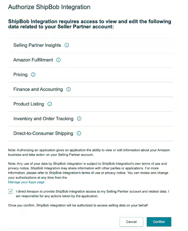 Amazon Seller Central authorization page showing ShipBob Integration permissions
