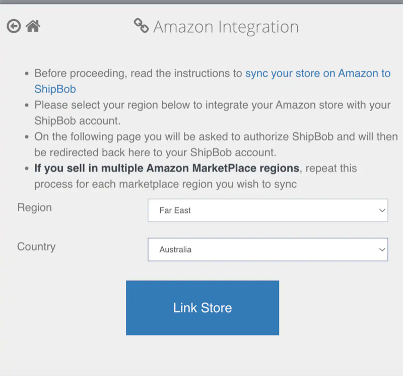 Amazon marketplace region and country selection screen