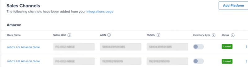 Sales Channels page showing linked Amazon stores with inventory sync toggle