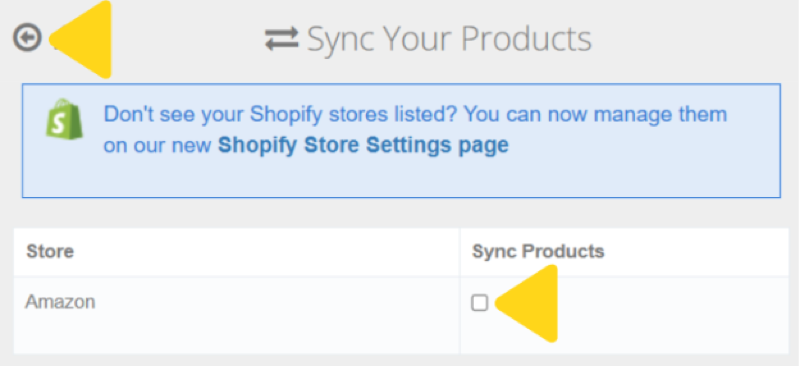 Sync Your Products modal showing Amazon in the store list with sync checkbox