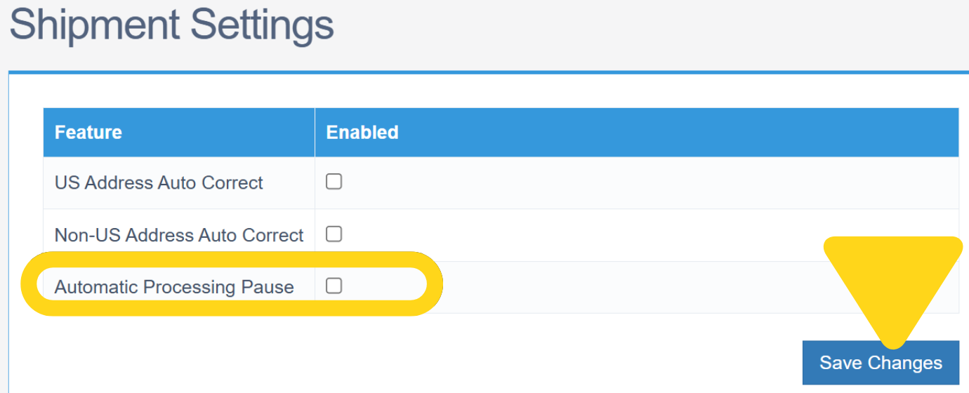Shipment Settings page with Automatic Processing Pause unchecked