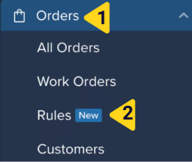 Orders navigation menu with Rules option highlighted