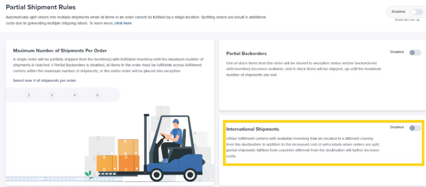 International Shipments toggle in Partial Shipment Rules settings
