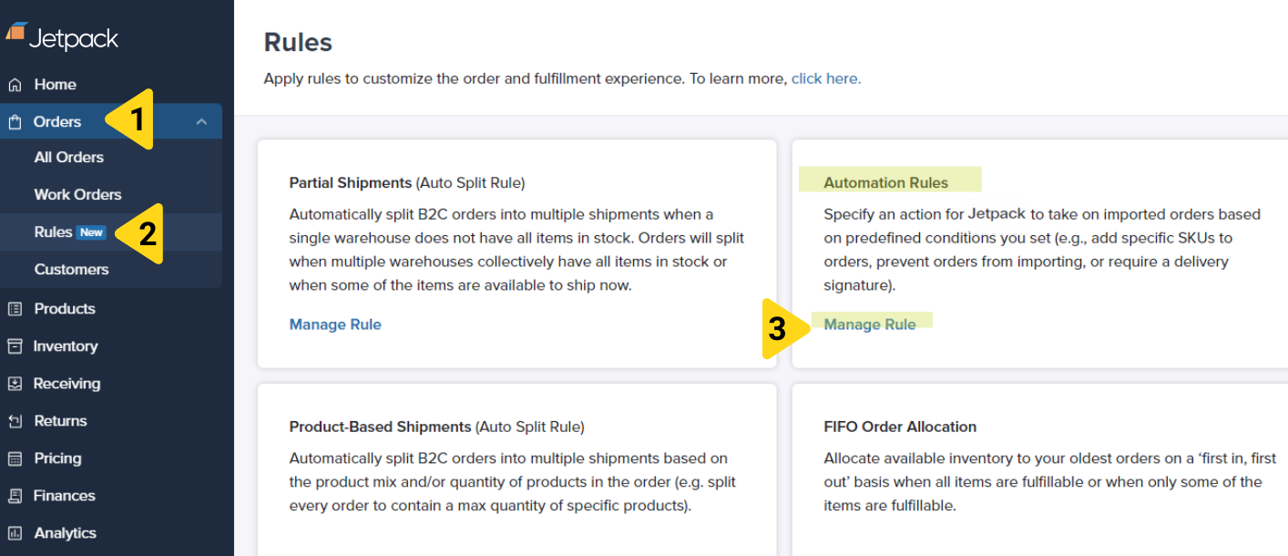 Orders menu navigation showing Rules option with Automation Rules tile