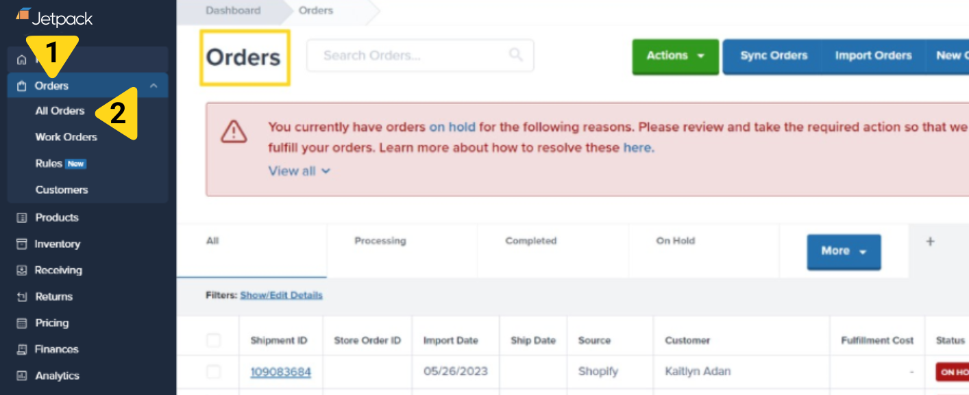 Orders navigation menu showing All Orders option