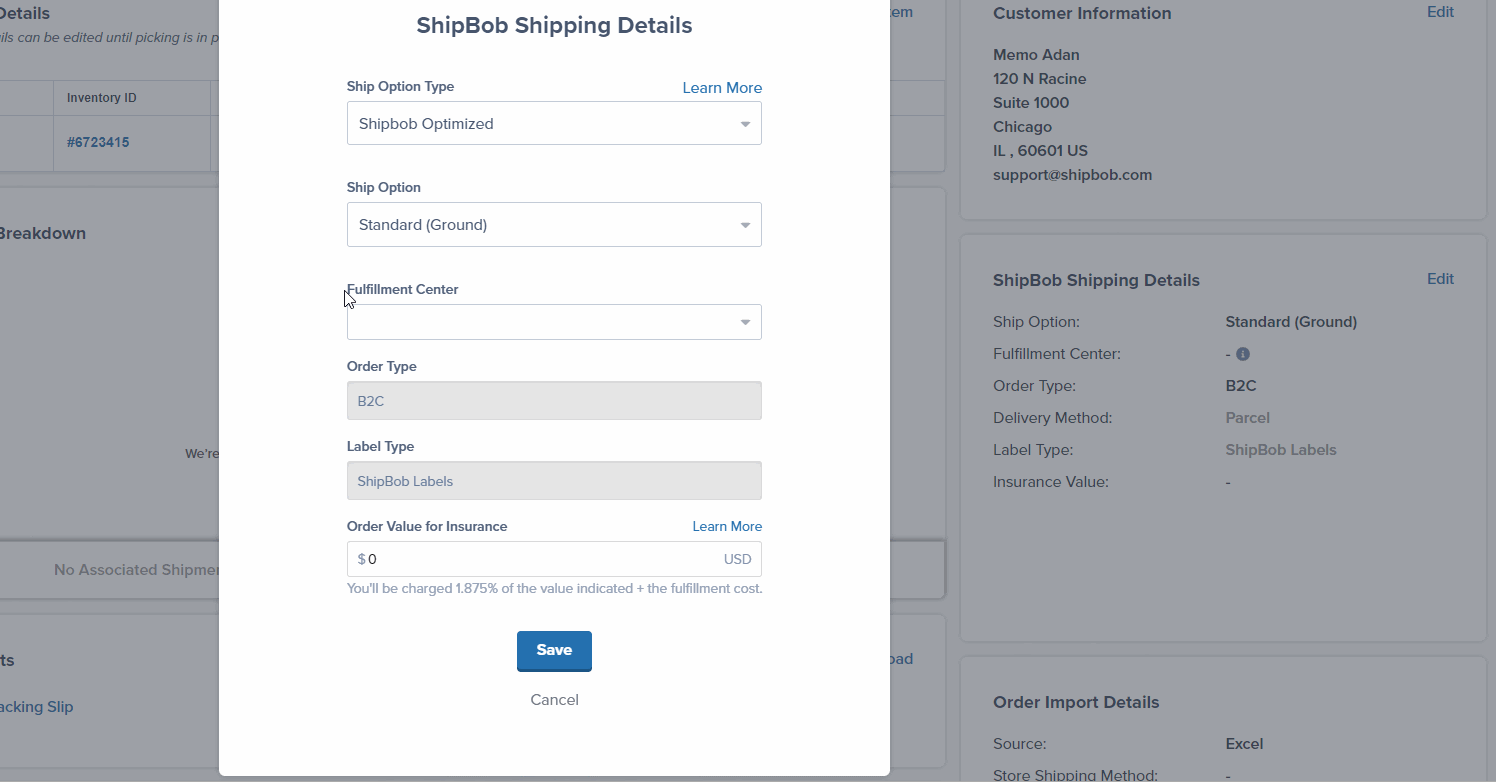 Fulfillment Center dropdown and Save button