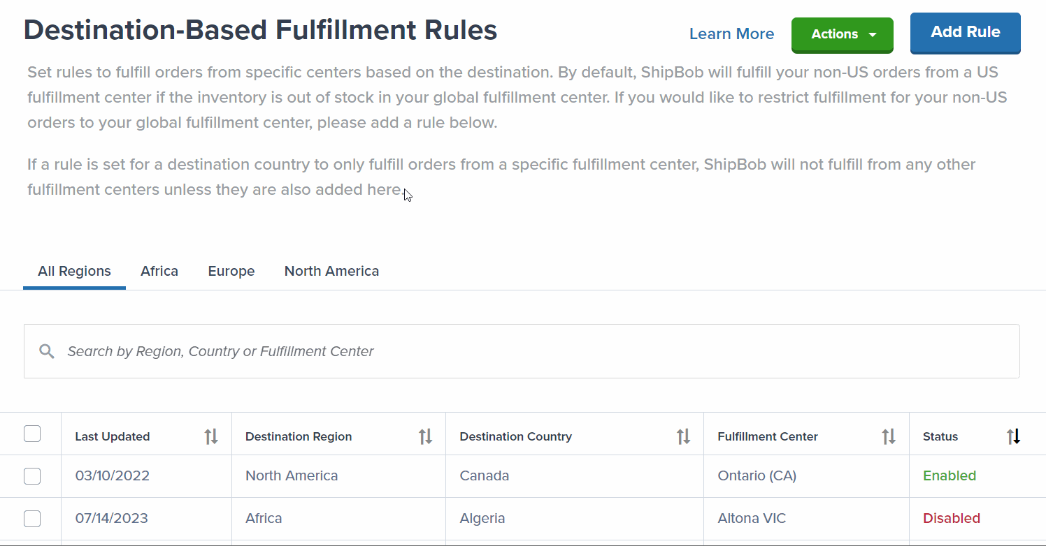 Actions dropdown showing Enable, Disable, and Delete options