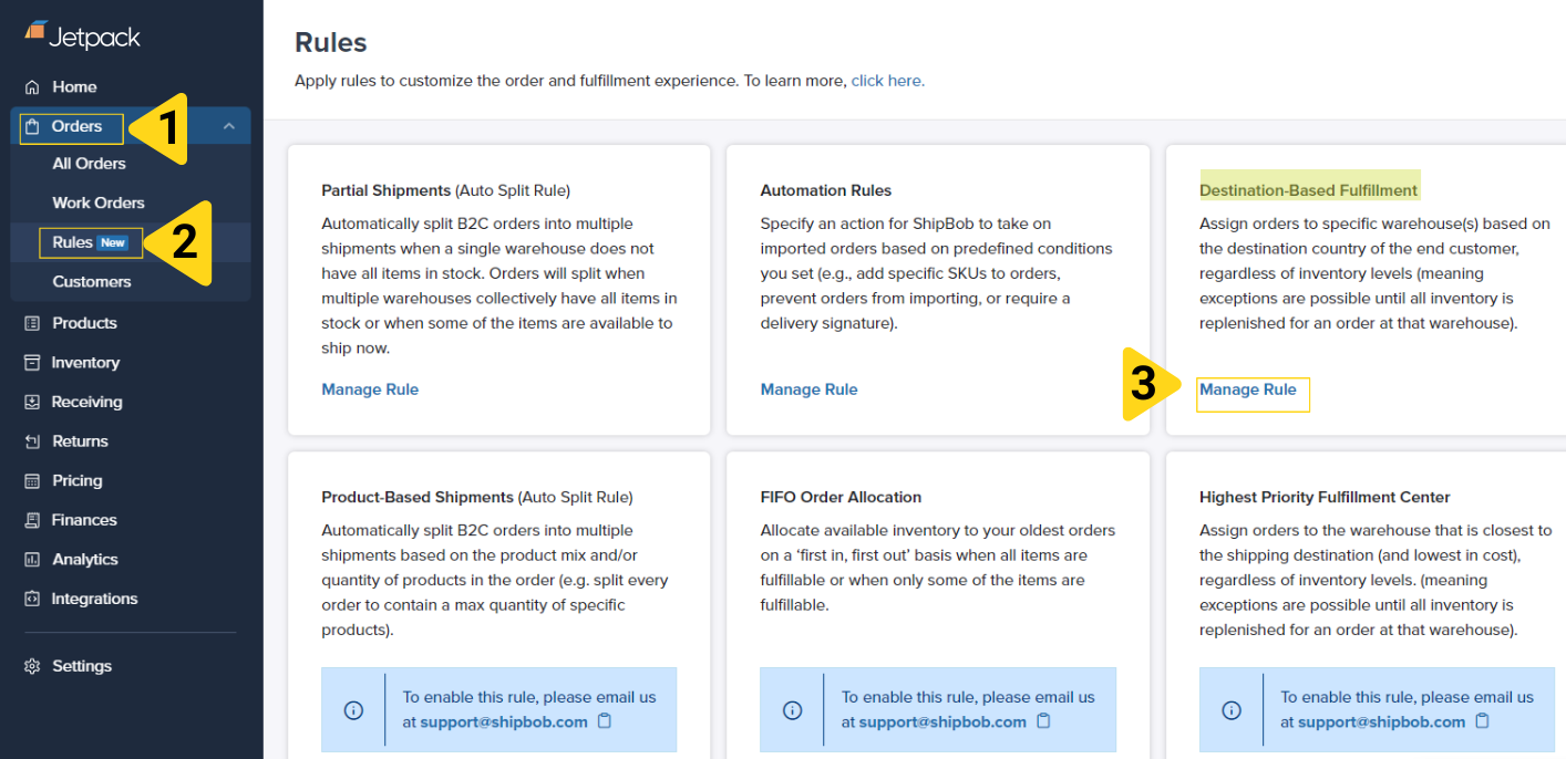Orders navigation menu showing Rules option