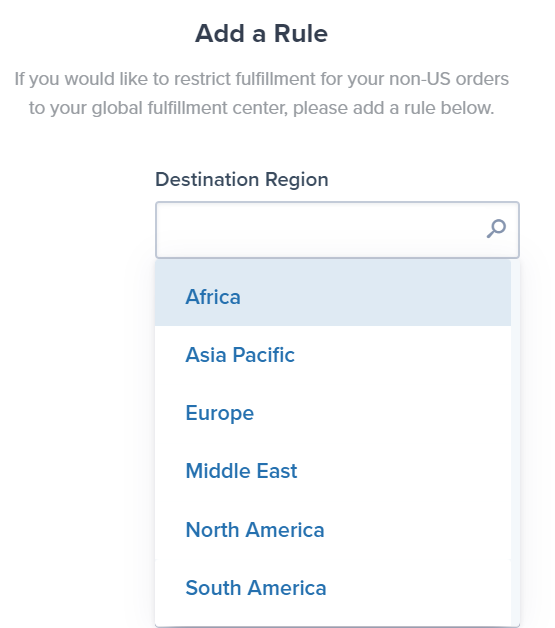 Destination Region dropdown showing options: Africa, Asia Pacific, Europe, Middle East, North America, South America