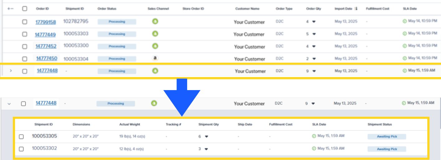 New Orders page showing expanded shipment view with associated shipments displayed in a table showing Shipment ID, Dimensions, Actual Weight, Tracking ID, Date Sent, Fulfillment Cost, and Shipment Status