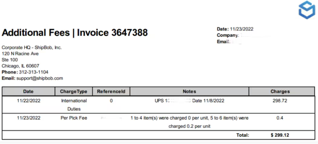Additional fees invoice example showing international duties charges and per pick fees with total amount