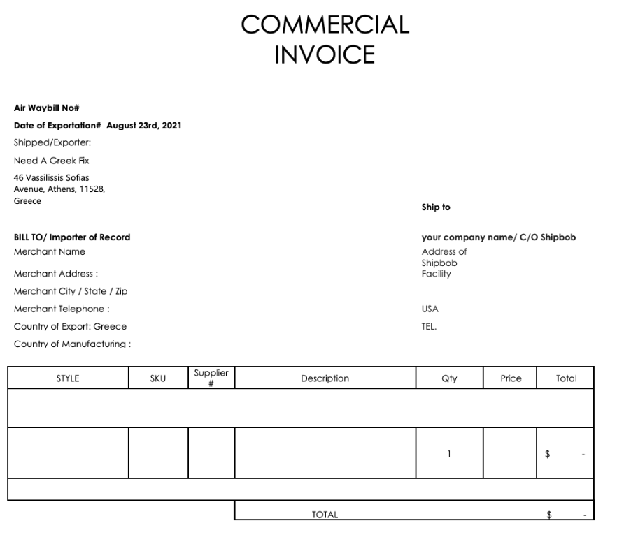 Commercial invoice example showing merchant information fields and Bill To/Importer of Record section