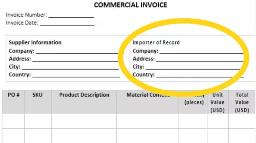 Commercial invoice with Importer of Record section highlighted showing company name, address, city, and country fields