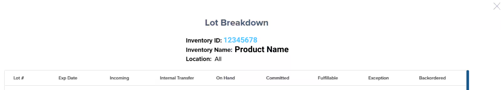 Lot Breakdown popup showing lot numbers, expiration dates, and unit statuses