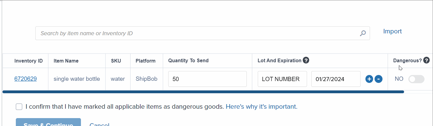 WRO interface showing lot number and expiration date entry fields