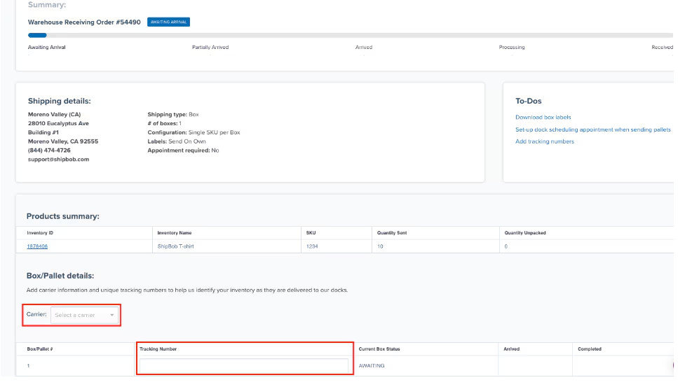 WRO tracking number entry fields showing where to input carrier name and individual tracking numbers